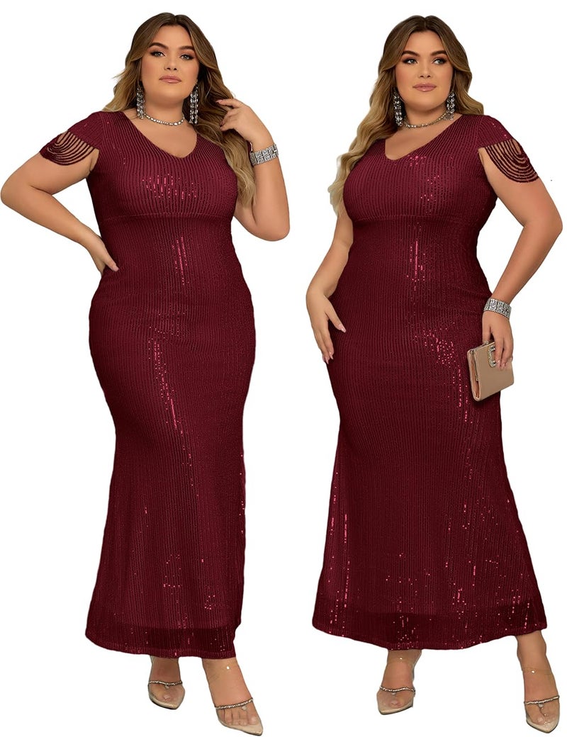 Meilun Women's V Neck Sequin Formal Evening Dress Tassel Bead Sleeve Mermaid Long Gown 1920S Party Maxi Military Dress (Wine, M) - Image 4